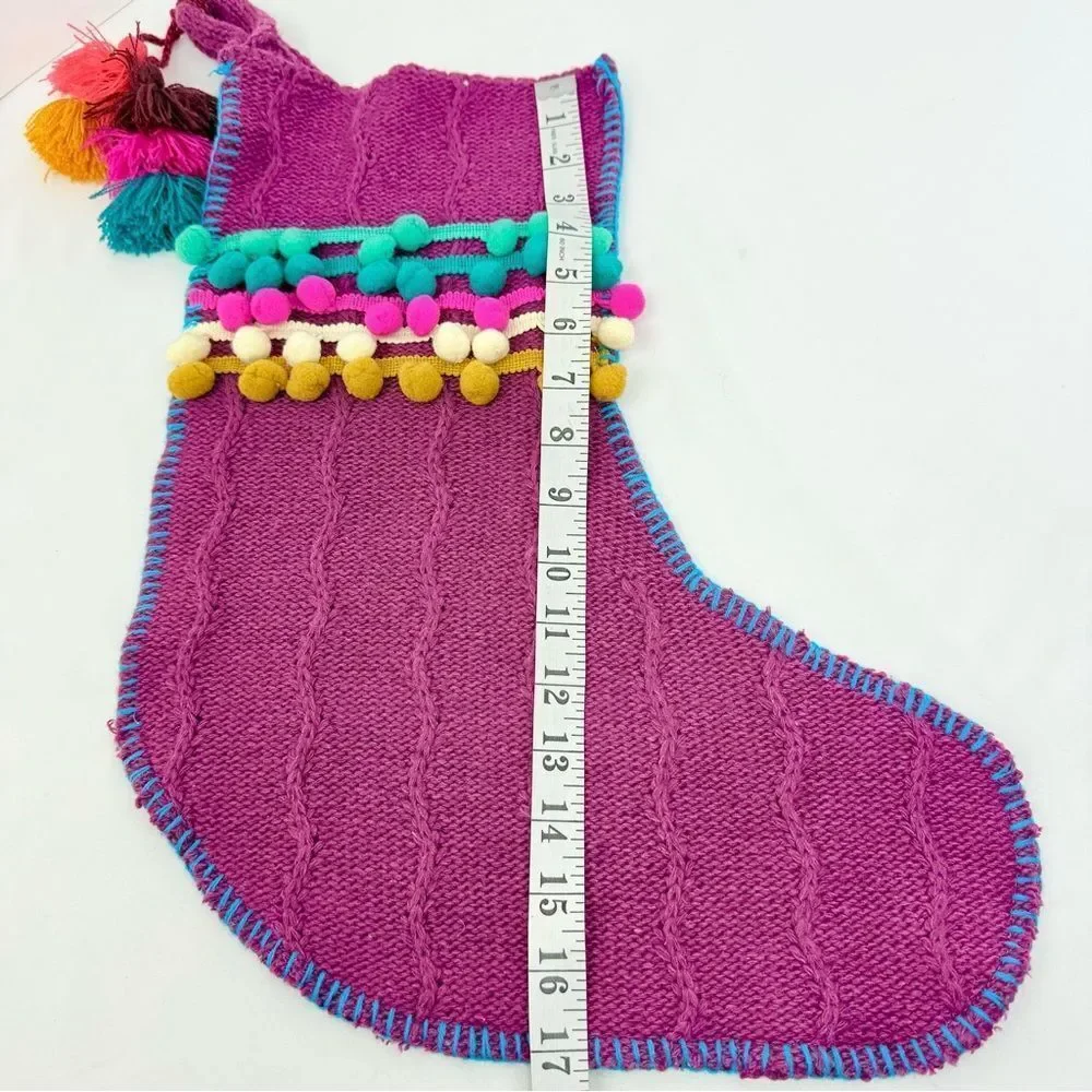 Natural Life Set of 3 Boho Christmas Stockings Purple Cable Knit PomPom Trim